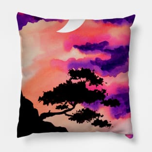 Mountain Tree Sunset and Moon Pillow