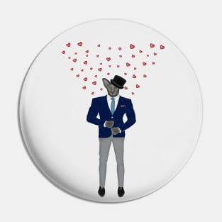 Cat with hearts in suit and hat. Cat gentleman. Pin