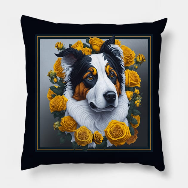 Australian Shepherd yellow roses 2 Pillow by xlhombat