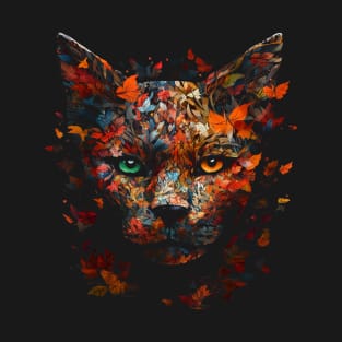 Cat Autumn Leaves Art - Colourful Eyes Cat Motif T-Shirt