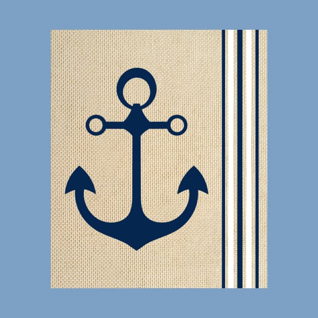 Nautical Boat Yacht Ship Anchor Burlap Navy Blue White Stripes Pattern by ernstc