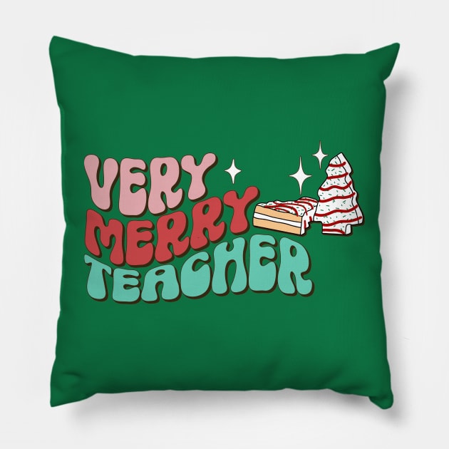 Teacher Christmas Cake Very Merry Groovy Christmas Vibes Pillow by SilverLake