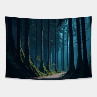 Dark forest road with trees and fog Tapestry