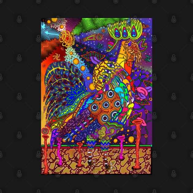 PSYCHEDELIC TRIPPY HORROR VACUI ANIMAL ROOSTER  WITH SUN PLANETS GALAXIES - full colour by Xotico Design