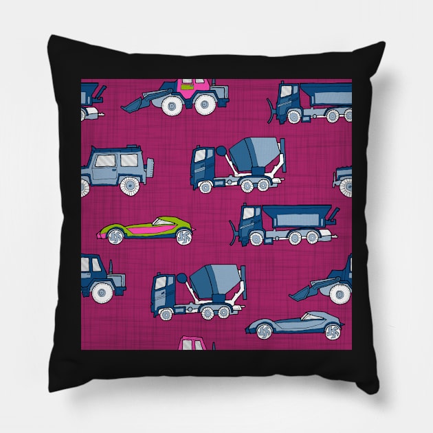 Vehicles blue on raspberry red Pillow by kobyakov