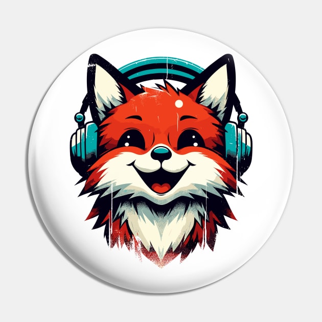 Funny Smiling musical fox wearing headphones Pin by TomFrontierArt