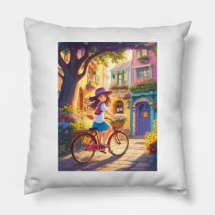 A cute girl explores a lively street on her bicycle. Pillow