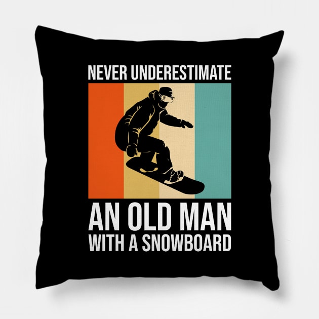 Never Underestimate An Old Man With A Snowboard Retro Pillow by DanYoungOfficial