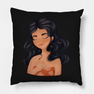 Girl character with black hair hand to heart Pillow