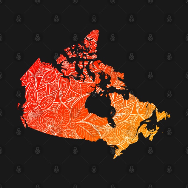 Colorful mandala art map of Canada with text in red and orange by Happy Citizen