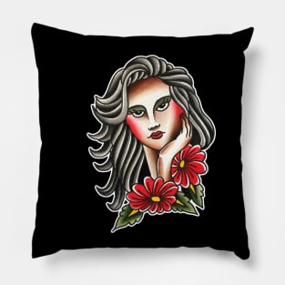 Lady Face with Flowers Tattoo Design Pillow