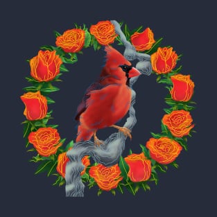 Northern Cardinal Bird on Red Roses T-Shirt