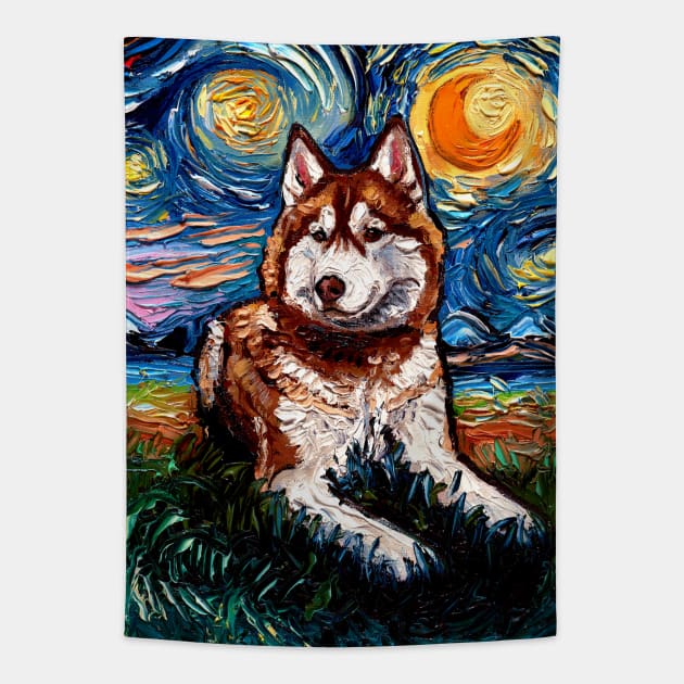 Red and White Husky Night Tapestry by sagittariusgallery