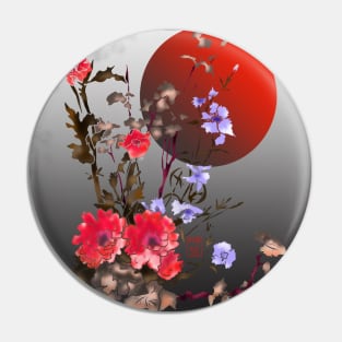 red watercolor sumiE flowers with a blood moon Pin