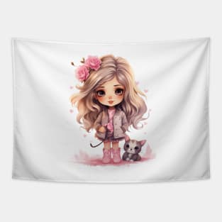 Cute girl with adorable cat Tapestry