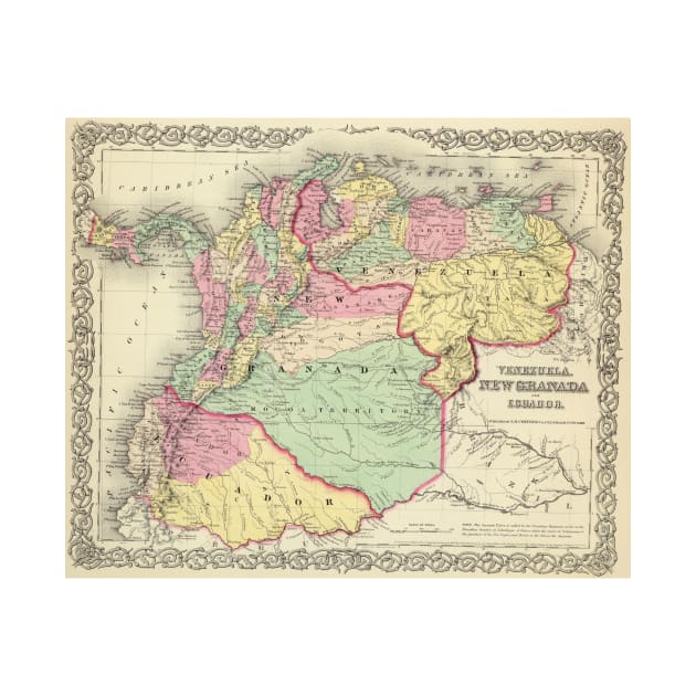 Vintage Map of Venezuela, Ecuador, Colombia (1855) by Bravuramedia