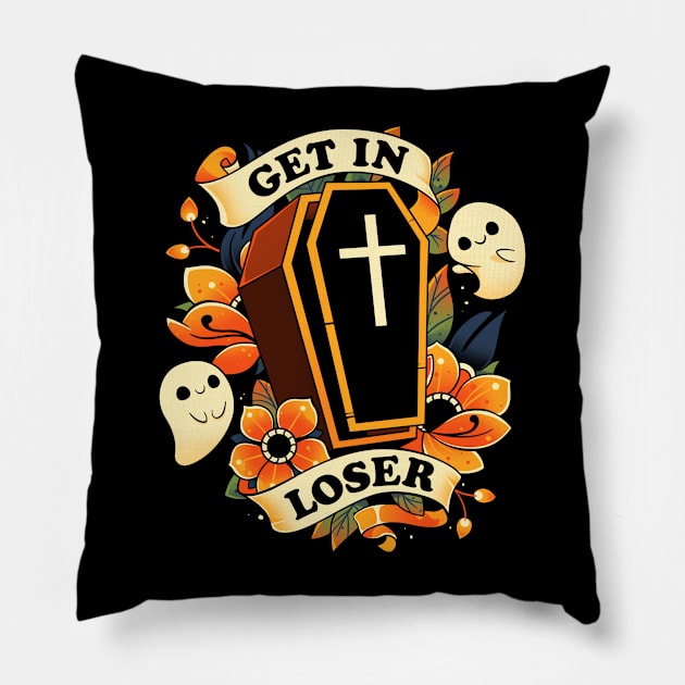 Get In Loser! - Cute Ghost Coffin Pillow by Snouleaf