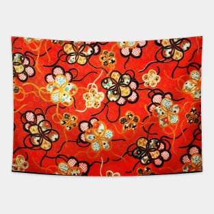 STYLIZED FLOWERS ,BLACK WHITE RIBBONS IN BRIGHT RED Antique Japanese Floral Tapestry