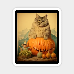 Weird Vintage Fat Cat and Pumpkin Halloween Collage - Whimsical Retro Charm Magnet