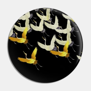 GOLD YELLOW WHITE FLYING CRANES IN BLACK Japanese Pattern Pin