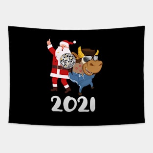 New Year 2021 Symbol Animal Ox - Funny Ox In Retro Sunglasses With Dancing Santa Disco Dancers Cool Xmas Gift Tapestry