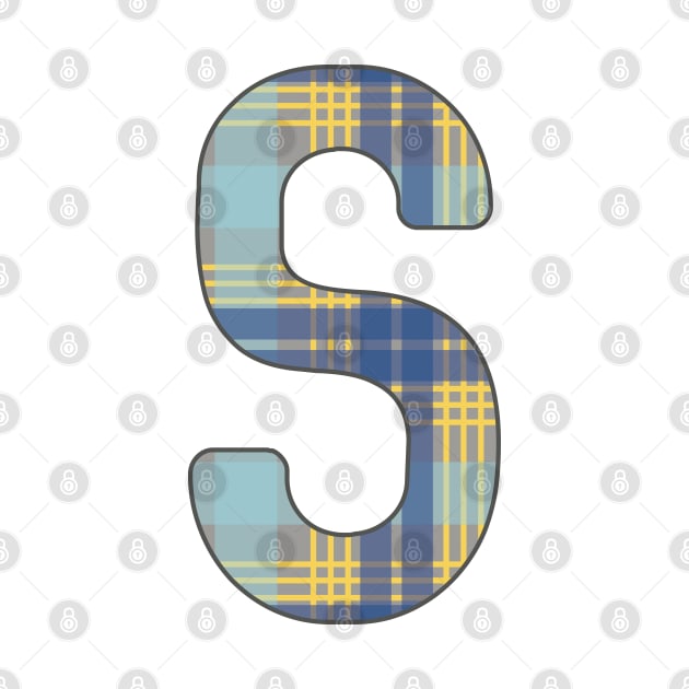 Monogram Letter S, Blue, Yellow and Grey Scottish Tartan Style Typography Design by MacPean