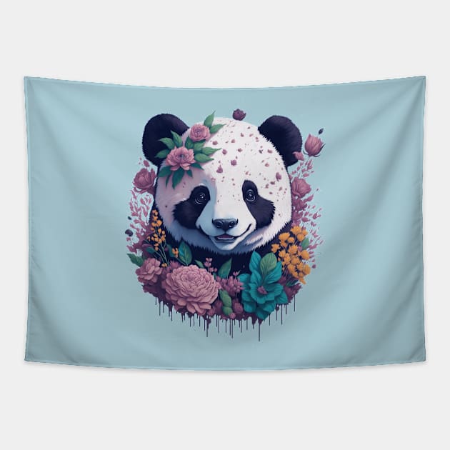 Cute smiling Panda bear with florals and foliage t-shirt design, apparel, mugs, cases, wall art, stickers, travel mug Tapestry by LyndaMacDesigns