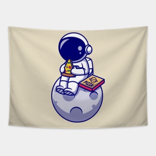 Cute Astronaut Eating Pizza On The Moon Cartoon Tapestry