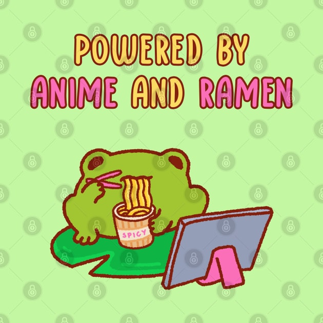 Powered by anime and ramen, a cute frog eating ramen noodles and watching his ipad by Tinyarts