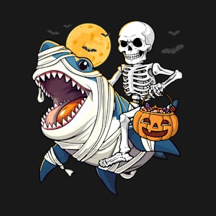 Skeleton Riding Mummy Shark Pumpkin Funny Halloween Boys T-Shirt