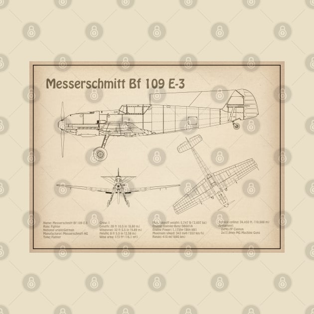 Messerschmitt Bf 109 E-3 - Airplane Blueprint - SD by SPJE Illustration Photography