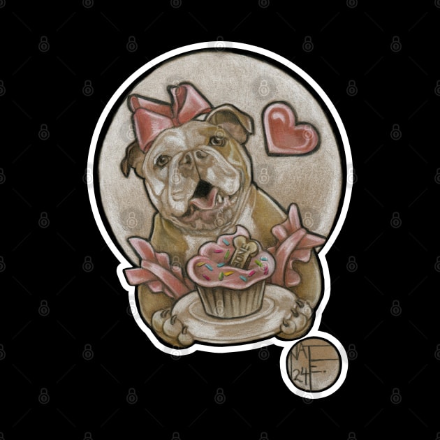 Bulldog Cutie & Cupcake - White Outlined Version by Nat Ewert Art