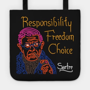 STYLIZED LINE ART SARTRE - RESPONSIBILITY FREEDOM CHOICE - neon Tote