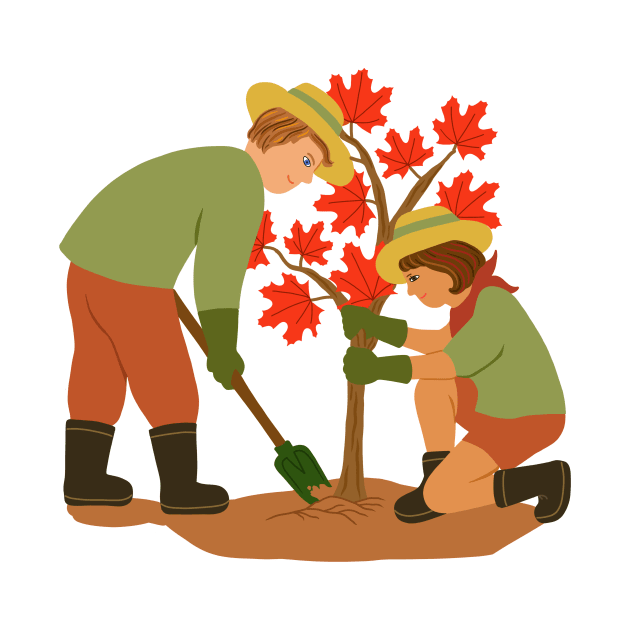 Young couple planting red maple tree. Outdoors gardening concept. by Nalidsa