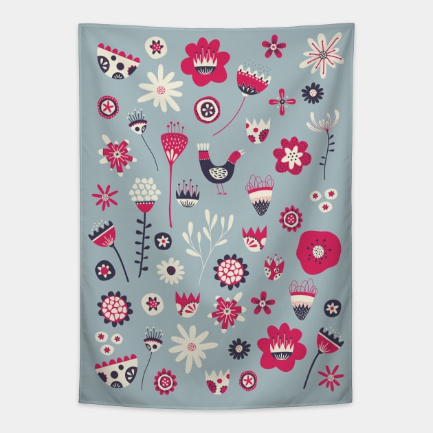 Scandi Birds and Flowers Tapestry by NicSquirrell