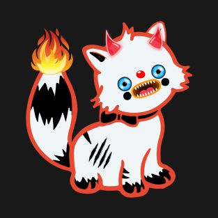 Demonic cat with a flaming tail and horns on its head T-Shirt