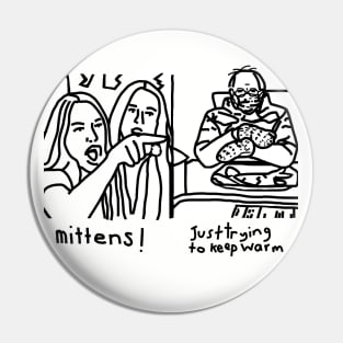 Woman Yelling Mittens at Bernie Sanders Line Drawing Pin