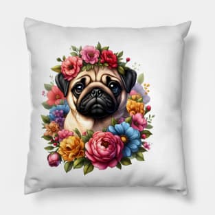 A pug decorated with beautiful colorful flowers. Pillow
