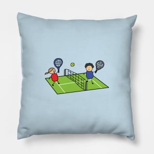 funny boy and girl playing tennis on a tennis field Pillow