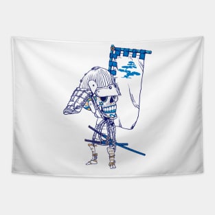 Blue Skull Samurai With Banner Tapestry