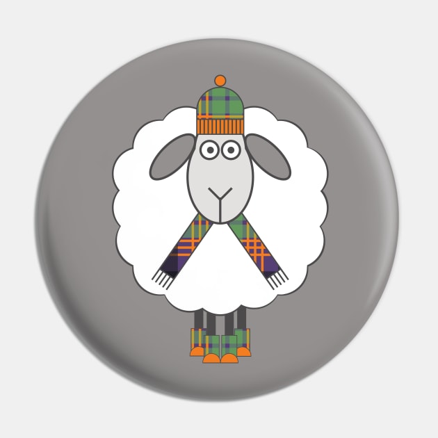 Cosy Winter Sheep with Orange, Green and Purple Tartan Hat, Scarf and Boots Pin by MacPean