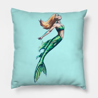 Green Tailed Mermaid Art Pillow