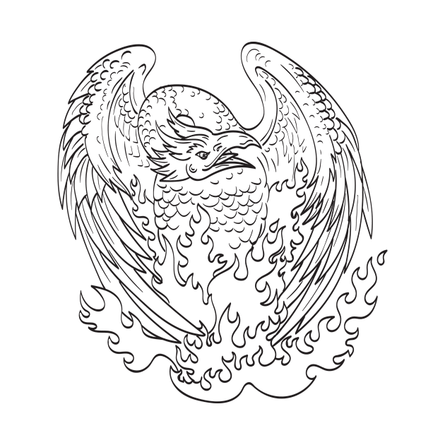 Phoenix Mythological Bird Regenerates on Fire Front Line Art Drawing Black and White by patrimonio