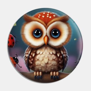 Baby Owl Surrounded by Cute Ladybirds Pin