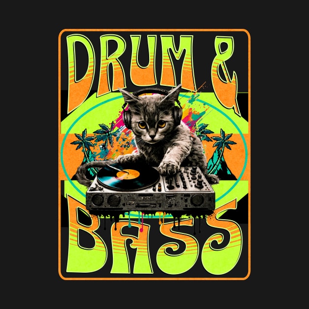 DRUM AND BASS  - Psychedelic Cat Dj (lime/orange) by DISCOTHREADZ 