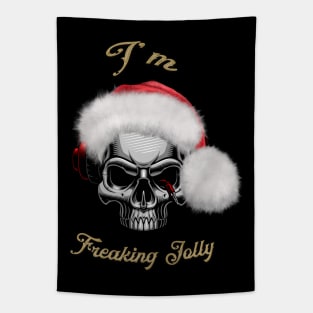 Funny skull with christmas hat, I'm freaking jolly Tapestry