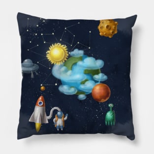 Outer space with aliens and astronaut. Pillow