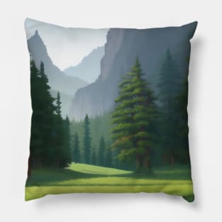 A painting of a forest with mountains in the background Pillow