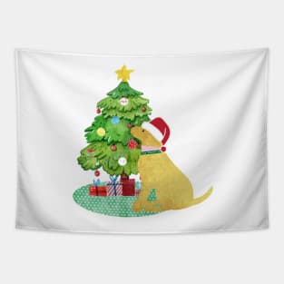 Golden Retriever Decorating Christmas Tree Tapestry