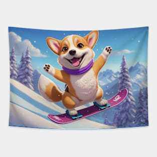 Snowboarding Corgi Tapestry